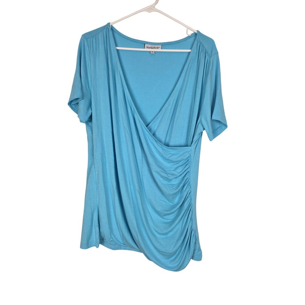 NorthStyle Wrap Look‎ Top XL Womens Blue Short Sleeve Coquette V Neck Stretch